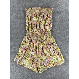 Toxik3 Floral‎ Strapless Romper Womens M Smocked Boho Summer Pockets